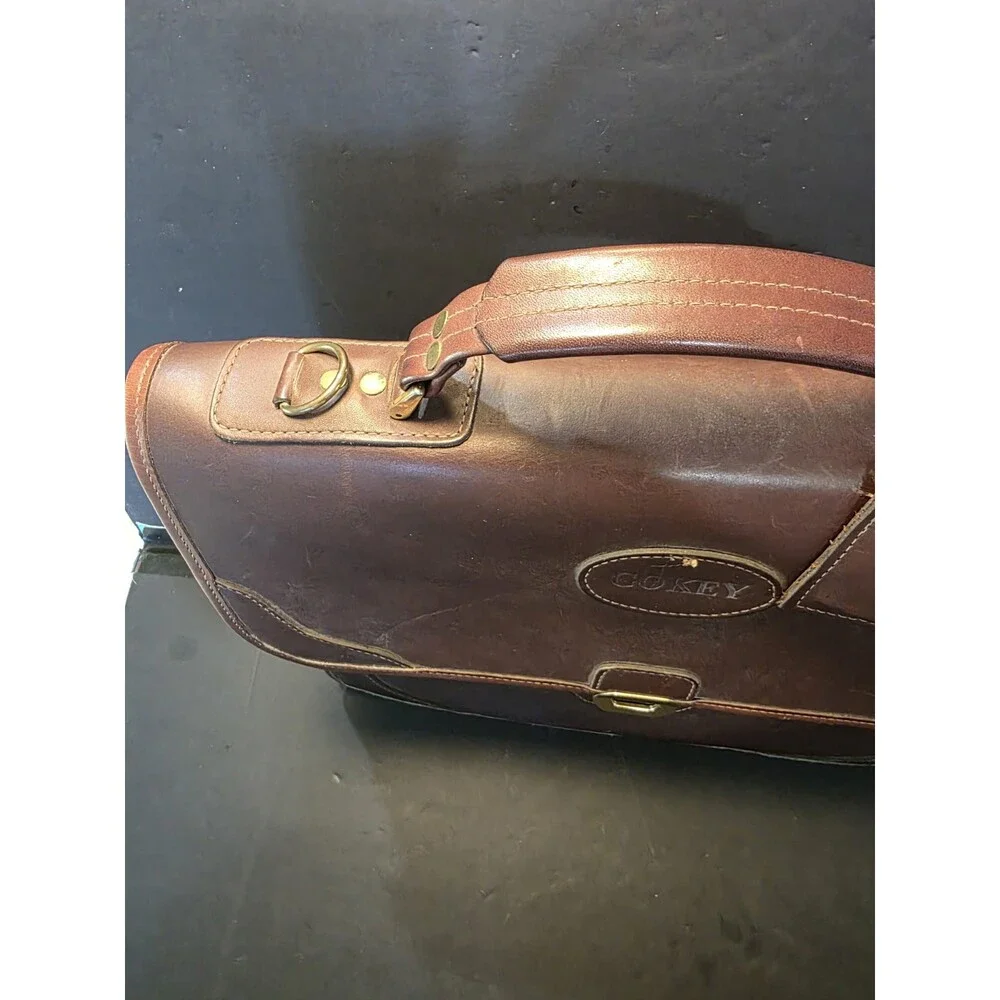 Vintage Gokey USA Brown Leather Flapover Briefcase Messenger Bag Luggage Tag